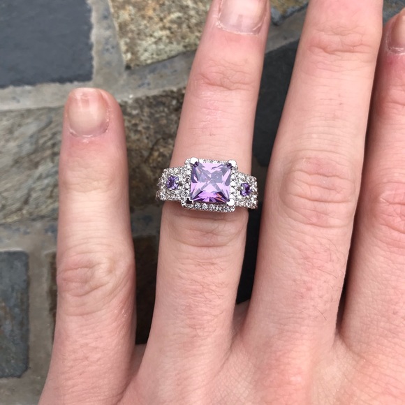 Purple Princess Cut Halo Silver Engagement Ring - Picture 5 of 6